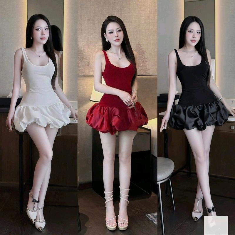 Váy body ba lỗ đuôi xoè bánh bèo chất nhũ kim cương tùng bí tafta sang trọng dự tiệc Dress Women vaytet Xmas Tết đầm xòe Đen trang đỏ ngắn
