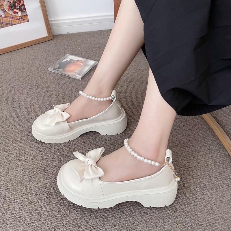 Giày búp bê lolita nữ cao cấp quai ngọc cài độn đế phong cách tiểu thư JAENIA GD007 Cao Su Shoes Caro Len