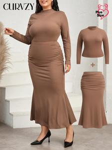 CURVZY Plus Size Two-Piece Set Solid Ribbed Long Sleeve Top & Mermaid Skirt, Casual Fashion Cozy Outfits for Daily Outdoor Wear, Women Clothing for All Seasons