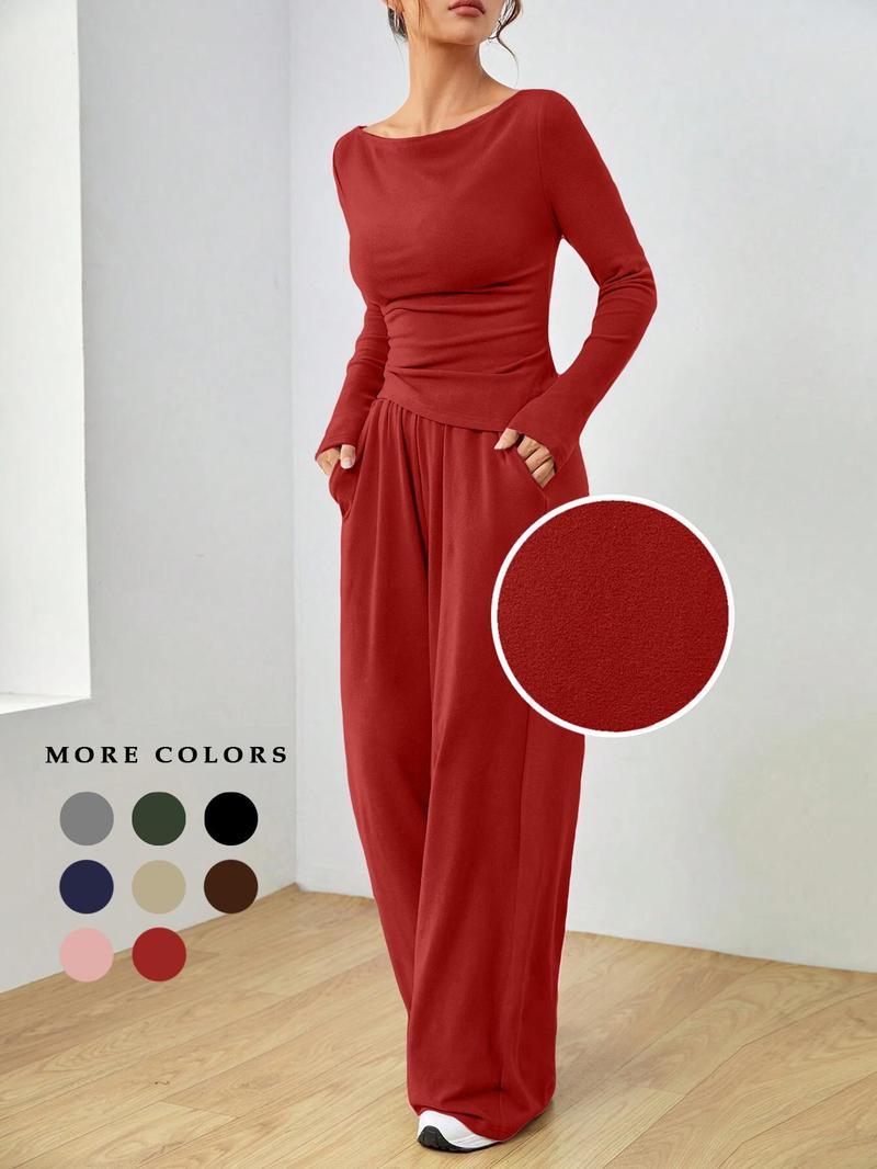 Product Introduction of Women's Solid Ruched Asymmetrical Hem Tee & Pants Set, Casual Boat Neck Long Sleeve Top & Trousers, Women's Spring & Fall Clothes 1