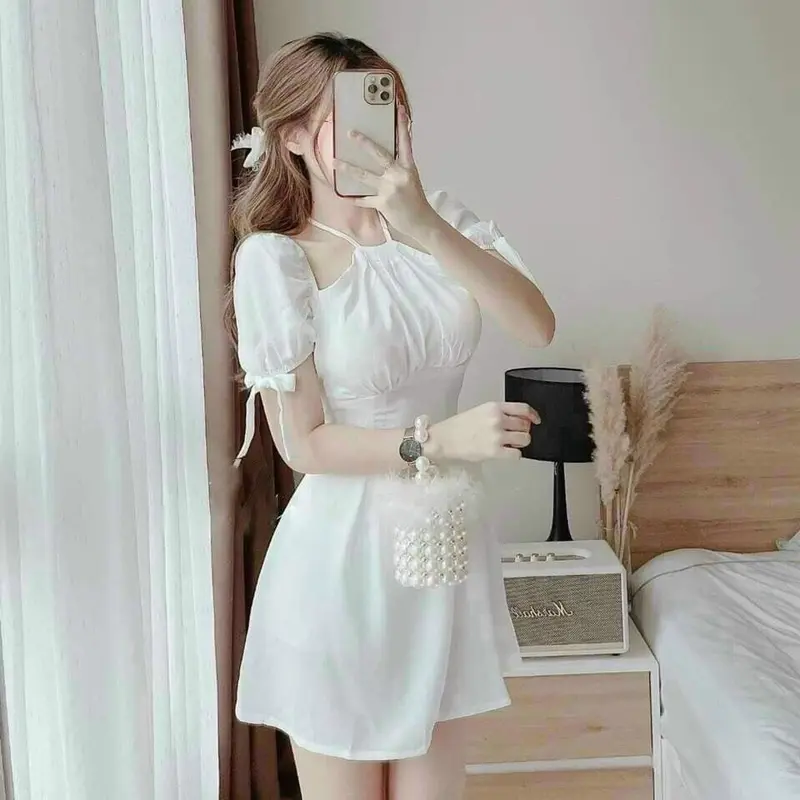 Đầm nữ ôm body tay buộc nơ trễ vai có mút ngực dáng xinh Thời Trang B.Y Tea Clothing Kem Women 2