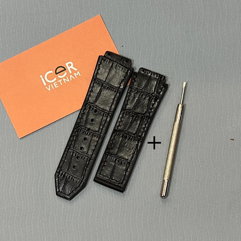 Dây da cá sấu đen đồng hồ HUB (tặng kèm tuavit thay dây) Phụ Kiện