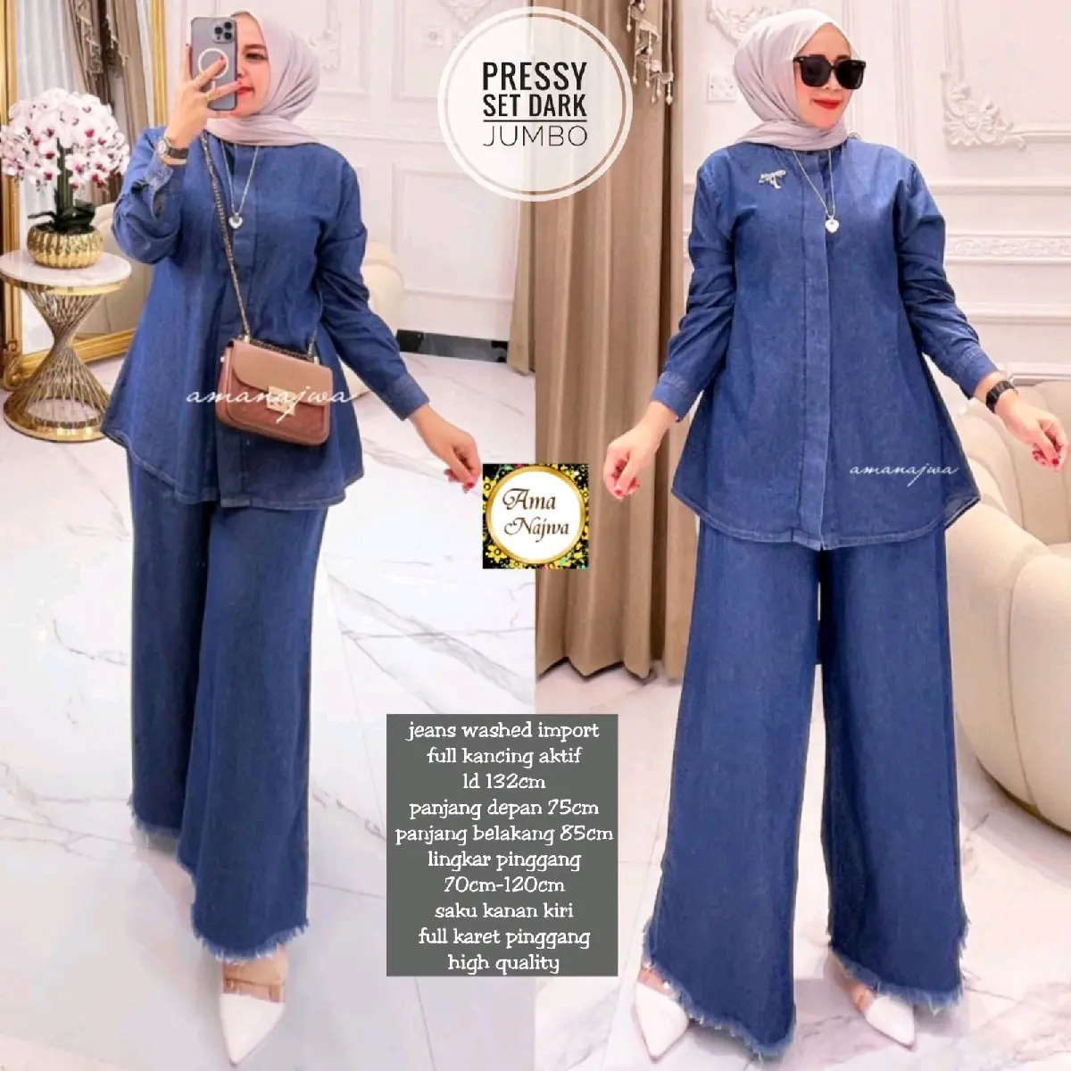 baju setelan wanita jumbo xxl- xxxl ld 120 dan 130 cm/setelan pressy set jeans washed Polos Lengan panjang