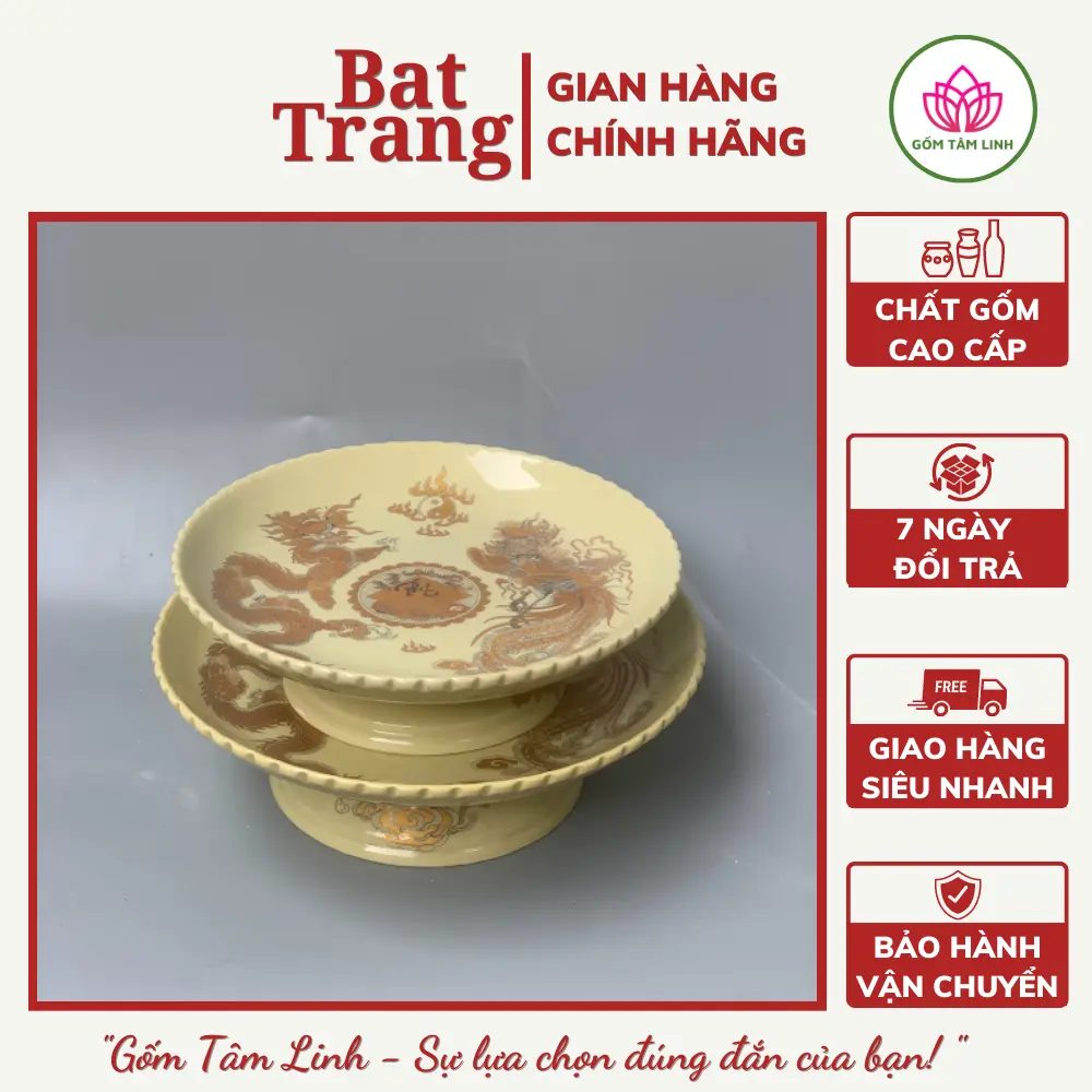 Mâm bồng đựng hoa quả trên ban thờ cúng men vàng kim Bát Tràng