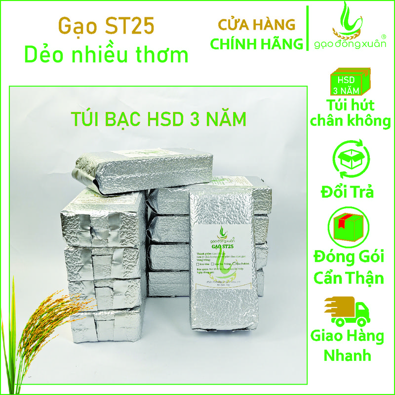 20 Túi 1Kg Gạo ST25 Lúa Tôm Gạo Hữu Cơ Dẻo Vừa Ngọt Cơm Thơm Cơm, Túi Hút Chân Không -  Đông Xuân foods gaost25