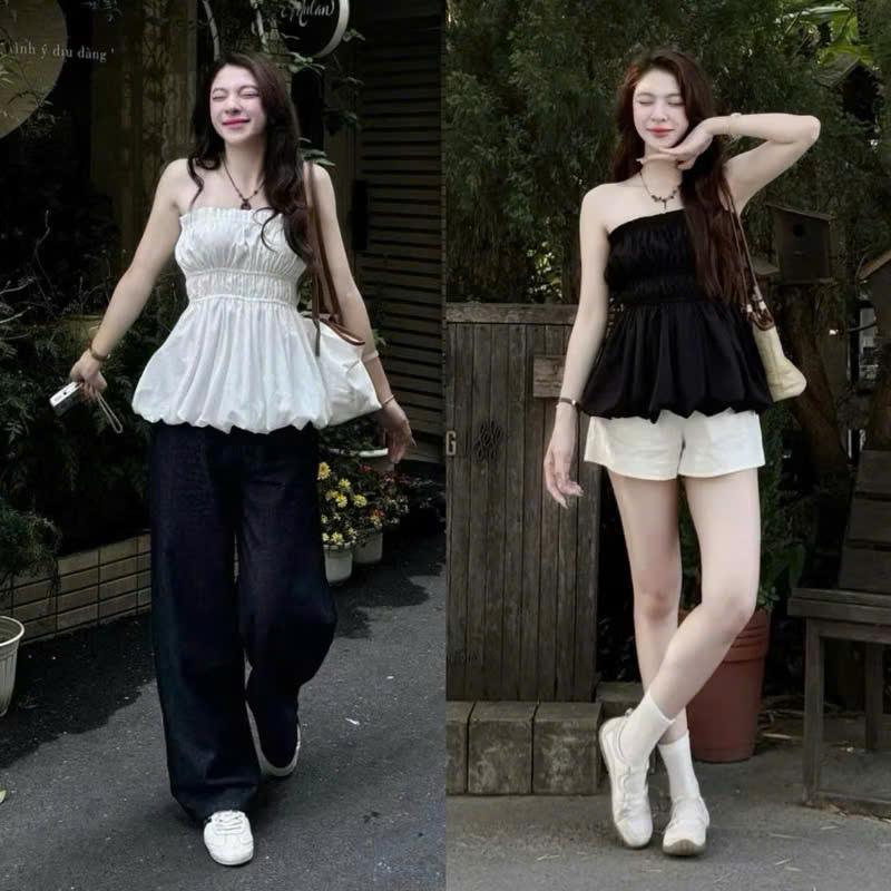 Áo cúp ngực dáng xòe chất gió sần, Áo quây peplum chun ngực dáng bí ngô siêu xinh