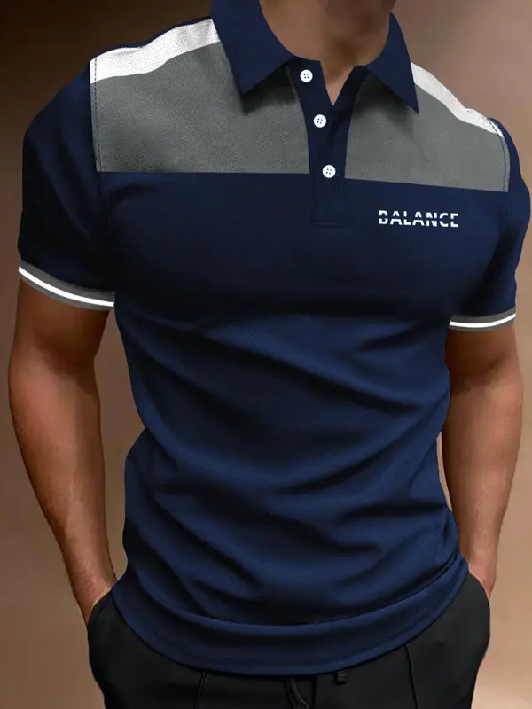 Men's Patchwork Letter Print Polo Shirt, Regular Fit Casual Short Sleeve Button Top, Fashion Men's Clothes for Summer 0