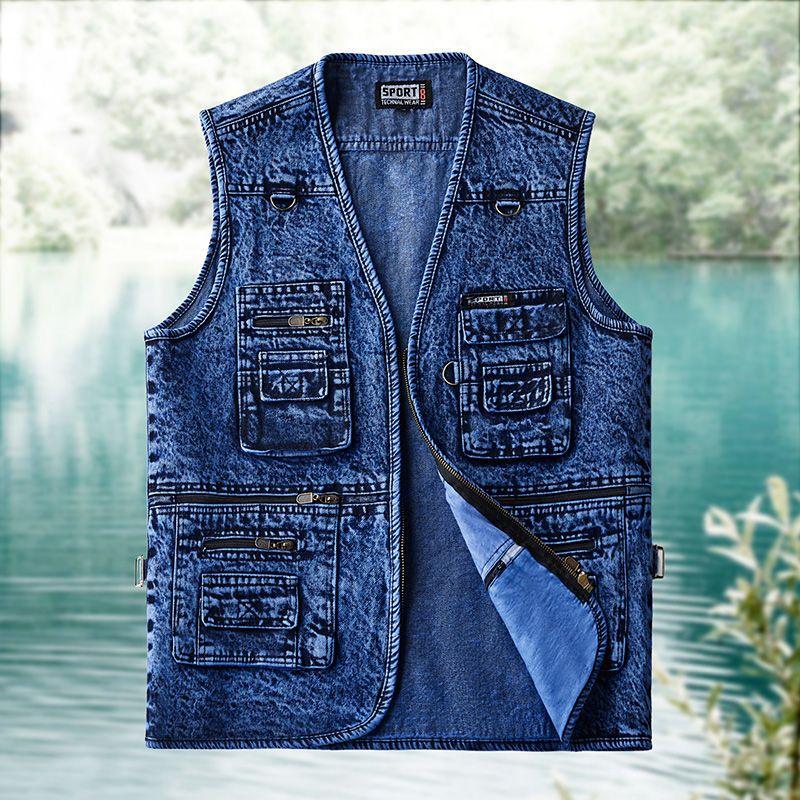 Áo Ghi Lê Vest Nam, Trung Người Già Và Cao Tuổi, Áo Khoác Denim Nhiều Túi, Thích Hợp Cho Mùa Xuân Và Mùa Thu, Phong Cách Bố Và Phóng Viên, Đi Chơi Ngoài Trời, Rộng Rãi Và Thích Hợp Để Câu Cá, Áo Ghi Lê
