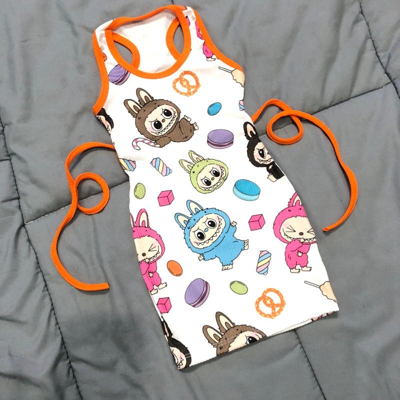 Đầm body ba lỗ ,hở eo,khoét lưng,in chuyển nhiệt hình LANUBU cho bé gái có size từ (7/28kg) Thun