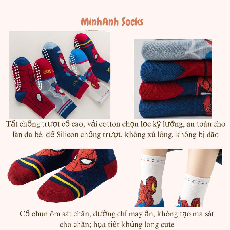 (Set 5 Đôi) Tất chống trơn trượt cao cấp cho bé trai bé gái. Tất cổ cao trẻ em hãng Minlliu Siêu Nhân, Khủng Long 1-8 Tuổi 3