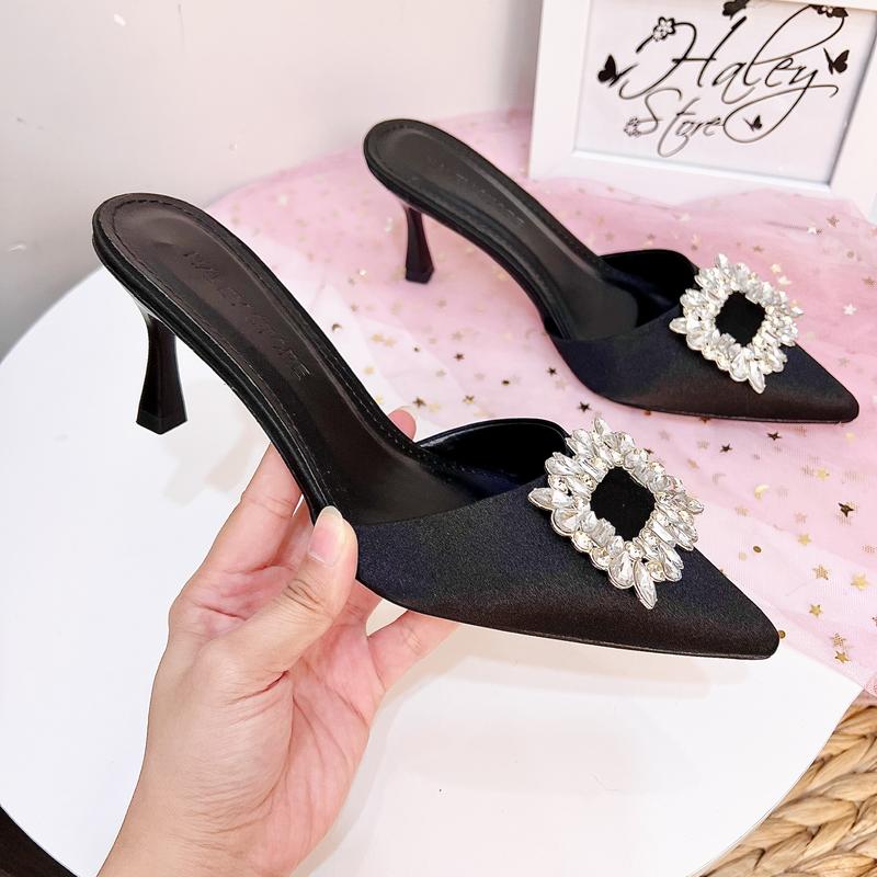 Guốc sục lụa cao gót 7p HALEY STORE mũi nhọn đính đá xoàn lấp lánh tiểu thư đi tiệc đi chơi đi học đi làm 4