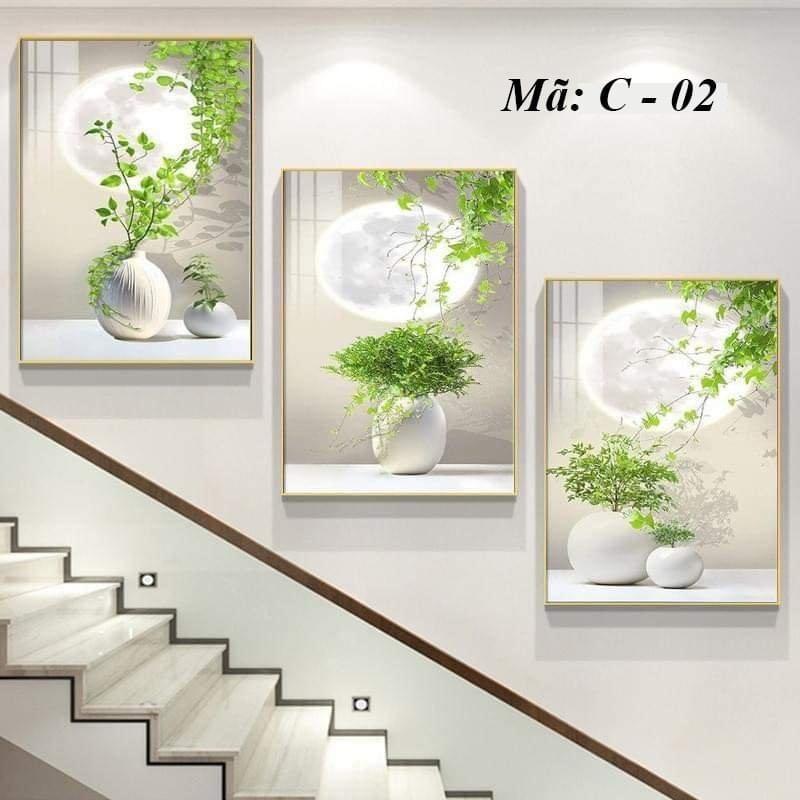 Bộ 3 tranh treo cầu thang,tặng kèm đinh treo Treo Tường Phòng Khách,dây leo