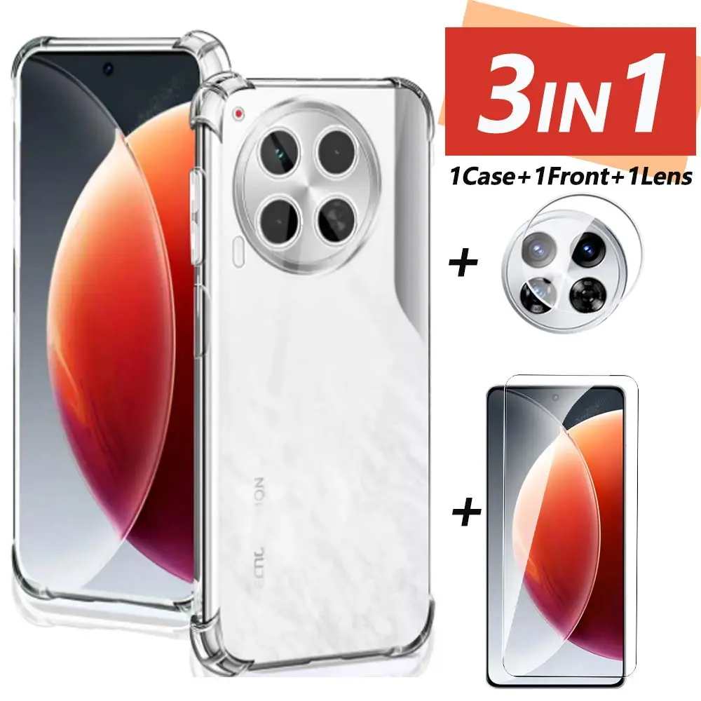 3in1 For Tecno Camon 30 5G Phone Case For Tecno Camon 30 Pro Camon 30 5G 4G Protective Glass Tecno Camon 30  Premier 5G 2024 Camera Transparent Shockproof Soft Bumper  Tempered Cover