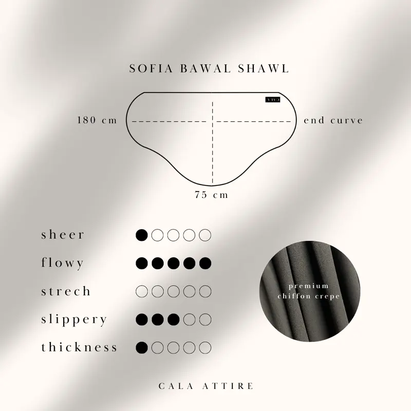Sofia Bawal Shawl - Cala Attire | Pashmina oval hijab ala malaysia tudung kerudung jilbab syari malay instan curve epscarf crepe wanita musliminner 1