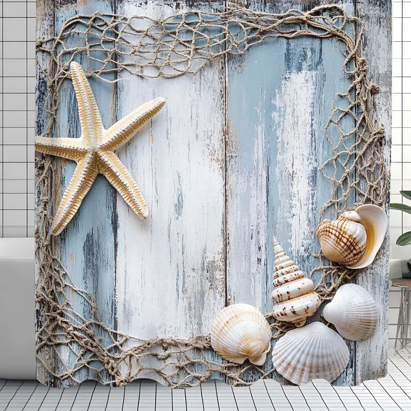 Starfish & Shell & Fishing Net Pattern Shower Curtain, Creative Starfish & Shell & Fishing Net Print Shower Curtain with 12 Hooks, Bathroom Supplies 2