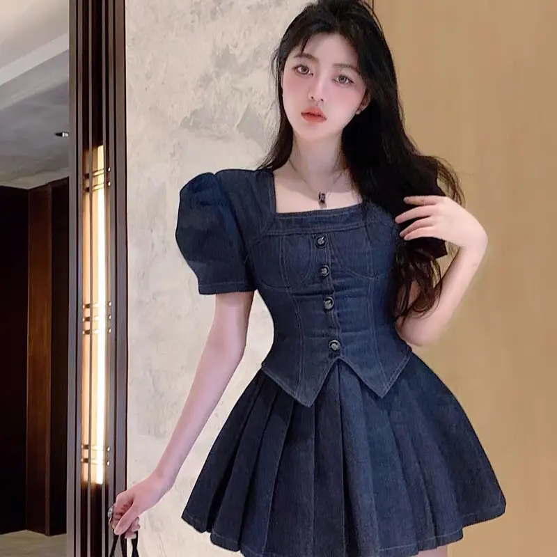 Set jeans tay phồng váy dập ly L005