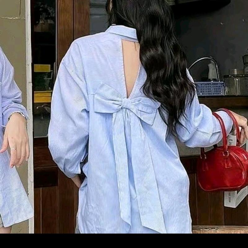 Áo  sơ-mi dáng rộng kẻ sọc cổ đức nơ sau bảng màu pastel xinh xắn 6