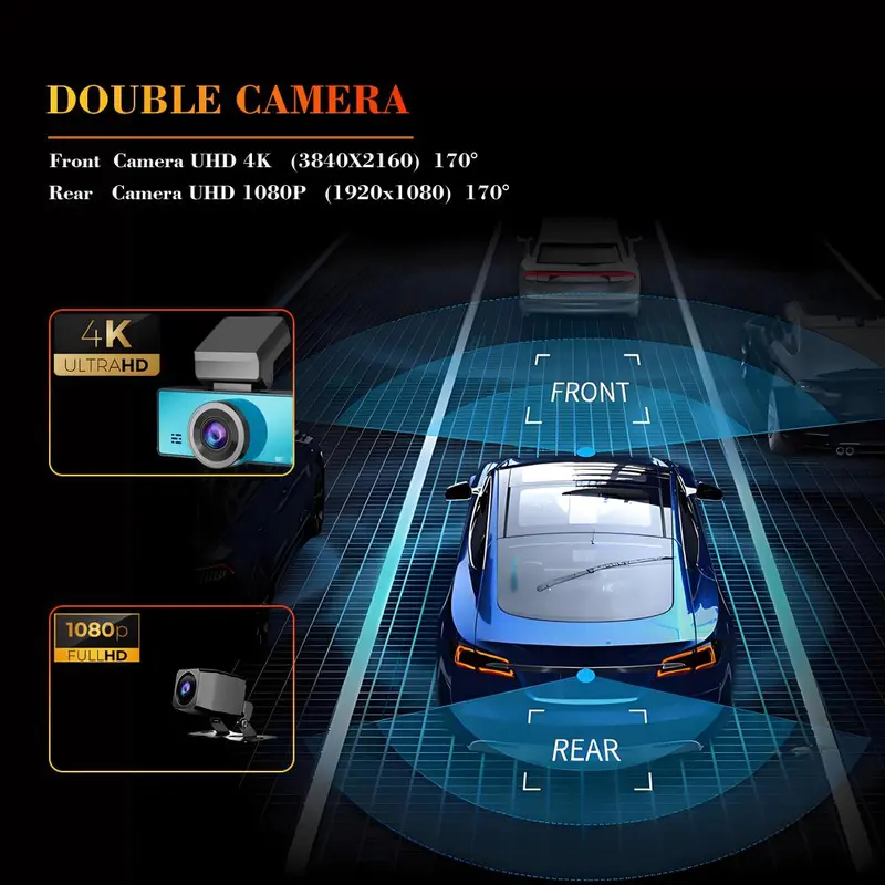 4K Car Video Recorder, 1 Set WiFi Dash Cam, 1080P Car Camera, Dual Lens Car Video Recorder, AHD HDR WDR Loop Recording Backup Camera, Parking Monitoring Night-Vision 5