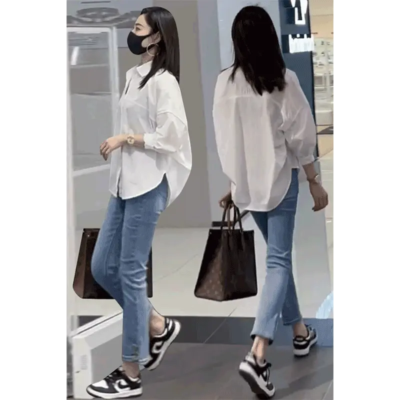 Áo Sơ Mi Trắng, Dáng Rộng Vừa Vặn, Thiết Kế Tay Lửng Dáng Ôm, Dành Cho Nữ, Hàng Mới Về Mùa Hè 2024, Phong Cách Hàn Quốc, Thời Trang, Dễ Phối Đồ, Chống Nắng, Áo Sơ Mi Women Top 0