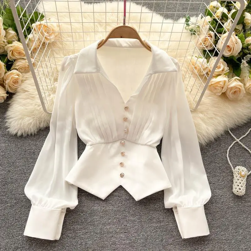 Áo Sơ Mi Dài Tay Cổ Chữ V Xếp Ly Độc Đáo Thiết Kế Xinh Xắn, Dành Cho Nữ, Phong Cách Thanh Lịch Kiểu Pháp, Viền Bất Đối Xứng Tay Phồng Áo Sang Trọng
