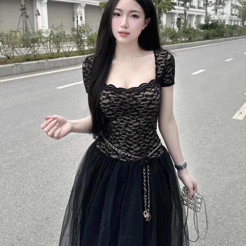 Bb36 Váy Ren Nhung Chân Lưới Dài Kèm Dây Eo Hoa ( chuẩn ảnh) tôn dáng nữ tính,38-54kg,szS/M 4