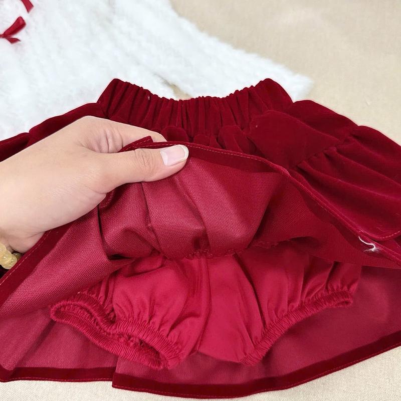 Ong Kis sét áo lông mền nơ nổi kèm chân váy nhung đỏ cho bé gái 8-32kg 3