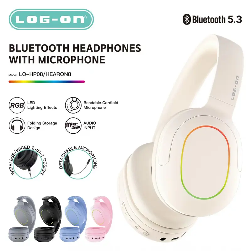 LOG-ON HEADPHONE STEREO   WIRELESS BT5.3 WIRED 2IN1 HEARON8 LO-HP8 Bluetooth Headset Led Microphone Earphones  Headphones  Pc full bass 1