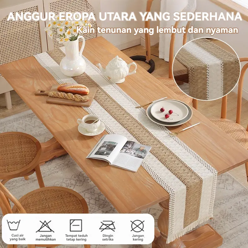 Table Runner Taplak Meja Panjang Bahan Premium Rajut Bendera Meja Katun Linen Taplak Meja Panjang Rumbai Senada Warna Premium Rajut Style 0