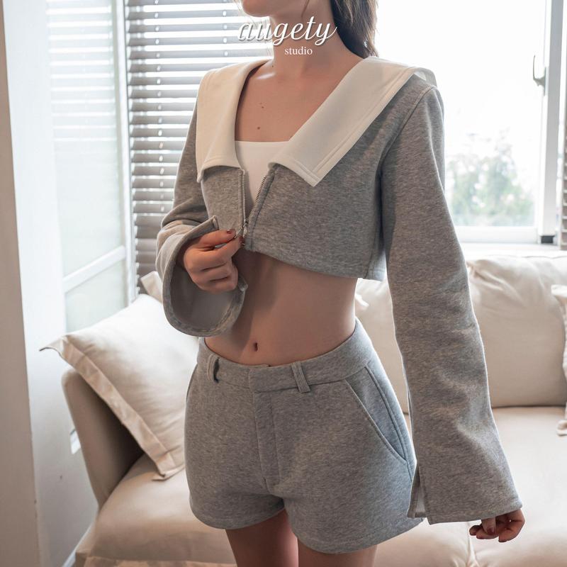 Set Áo Tay Dài Nỉ Form Croptop Và Quần Shorts Nỉ, NICO Sweat Set AUGETY