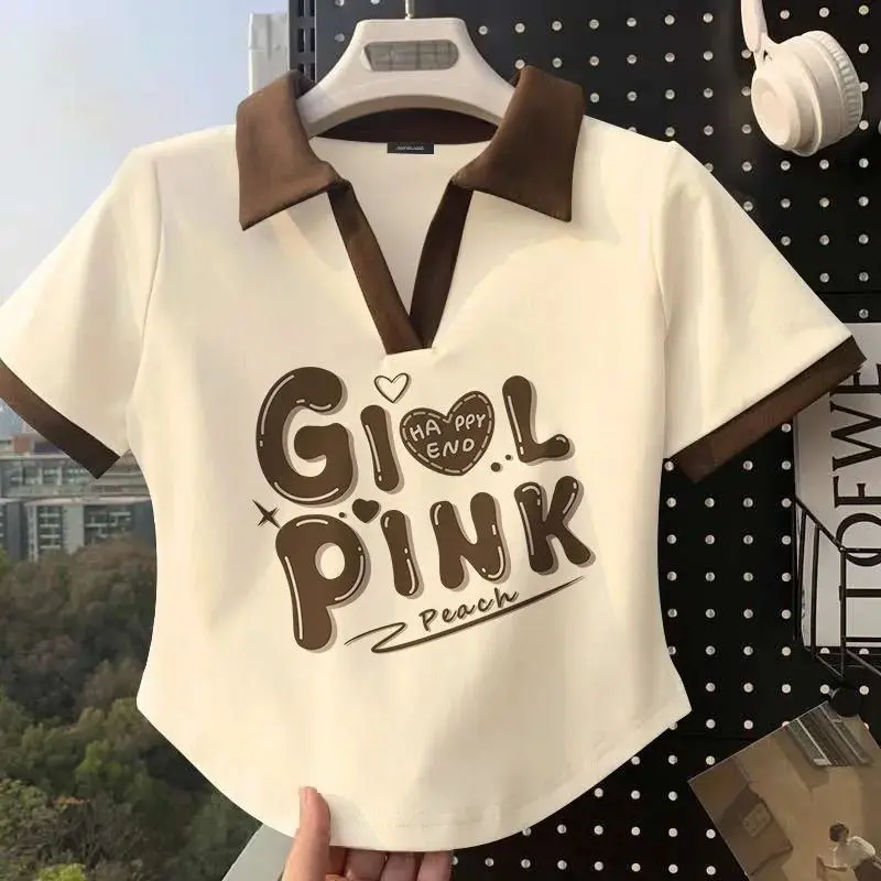 Áo Thun ngắn Tay Áo Cổ Điển Mỹ Áo Polo Màu Tương Phản Mùa Hè, Thiết Kế Đẹp, Sang Trọng Độc Đáo Áo Ngắn, Ins Hợp Xu hướng, Dành Cho Nữ, Năm 2025 0