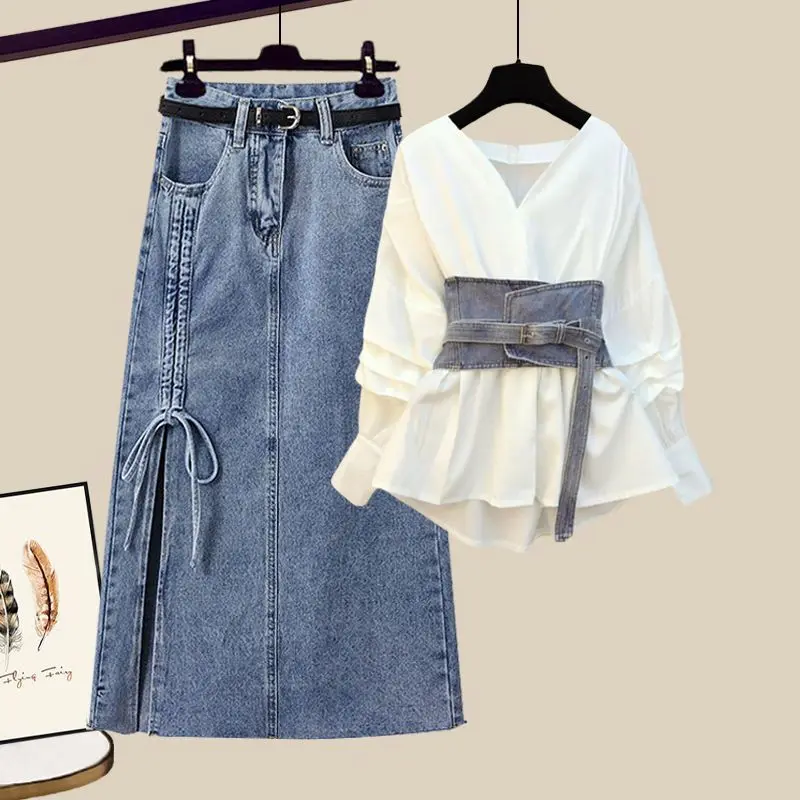 Autumn Set Women's 2023 New Large Women's Dress Design Sense Small Crowd Waist Shirt Denim Half Skirt Two Piece Set
