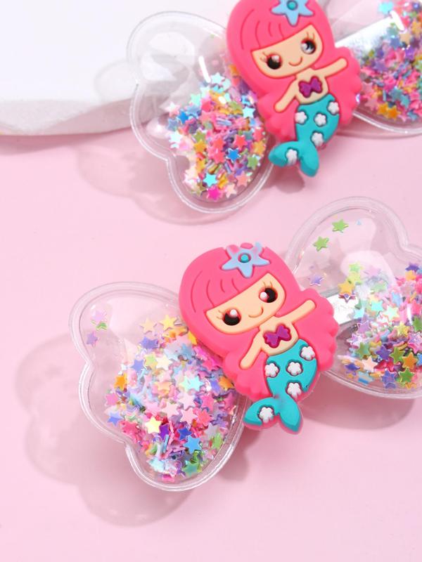 2pcs Cute Cartoon Mermaid Princess Design Hair Clip, Cute Bowknot Decor Hair Accessories For Girls, Quicksand Sequin Design Headwear 6