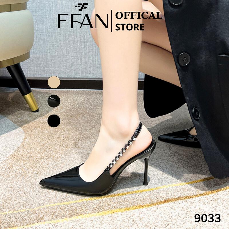 Giày cao gót mũi nhọn hở gót [da mềm mại] 9033 FFAN STORE, gót nhọn 7 9 phân bít mũi đính đá bigsize màu đen be da lộn DéP Nữ