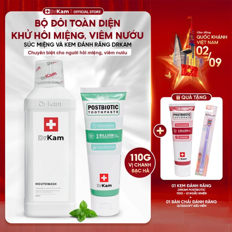 Combo DrKam Nước súc miệng + Kem đánh răng sinh học Postbiotic 110g Khử Hôi Miệng Trắng Răng