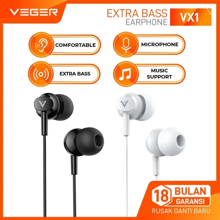 Veger Headset VX1 / VX3 Handsfree Super Full Bass High Quality Microphone Earphones Earphones