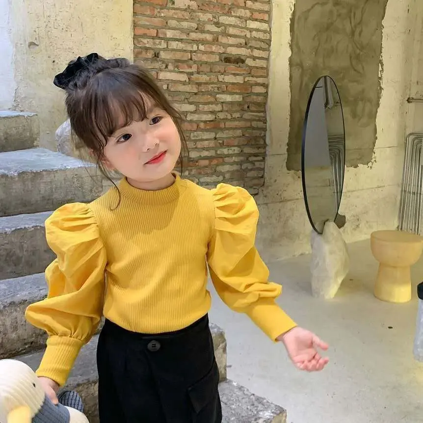 Áo Sơ Mi Có Đáy Tay Phồng Cho Bé Gái, Áo Mùa Thu Mới, Chắp Vá, Dễ Phối Đồ, Cổ Giả, Áo Thun Dài Tay
