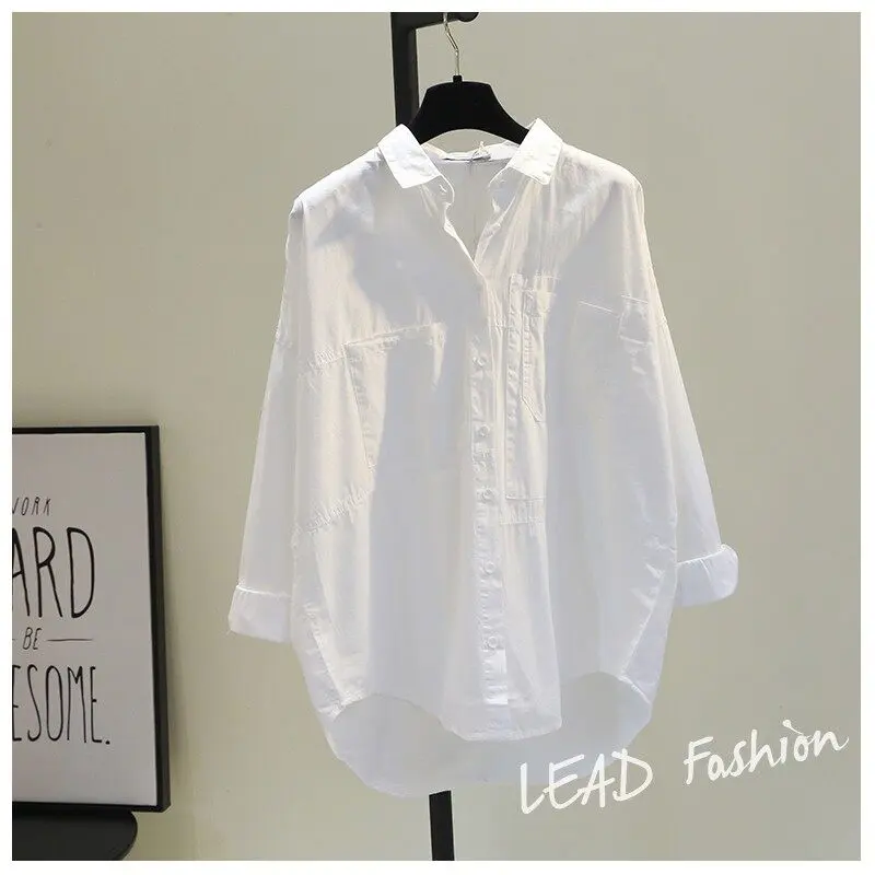 White Cotton Shirt Women Korean Style Casual Loose Long Sleeve Blouse Top