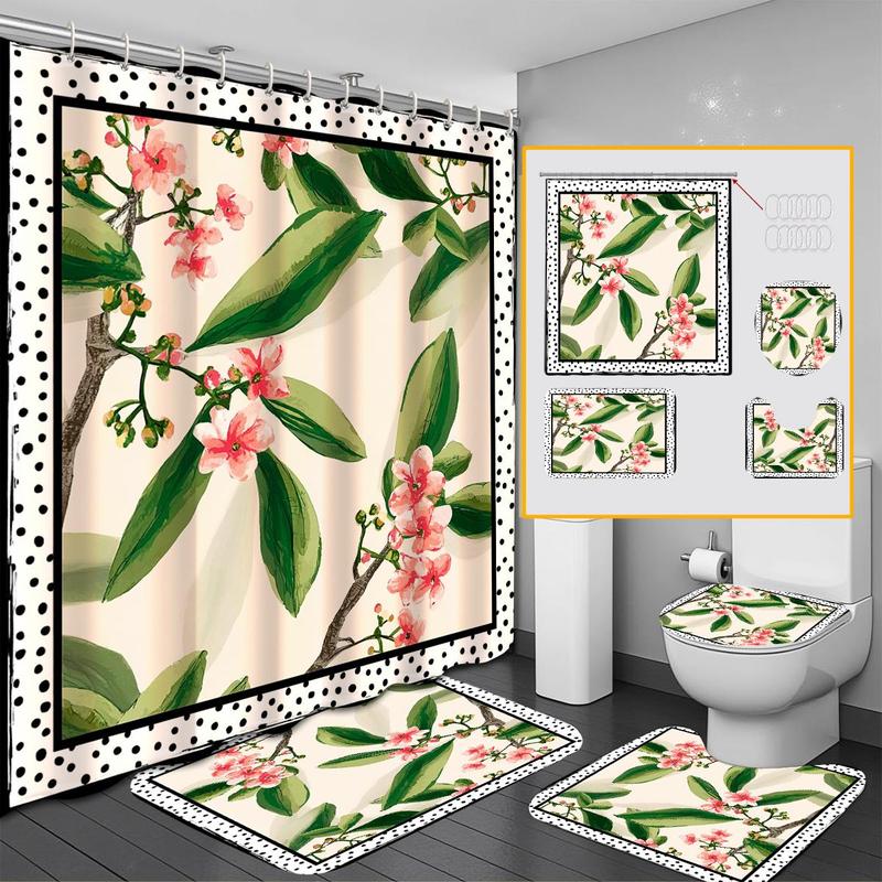 Floral Pattern Bathroom Curtain Set, 1 Set Waterproof Shower Curtain with Hooks/Oxford Floor Mat/U-shaped Mat/Toilet Lid Cover, Bathroom Decor Supplies 2