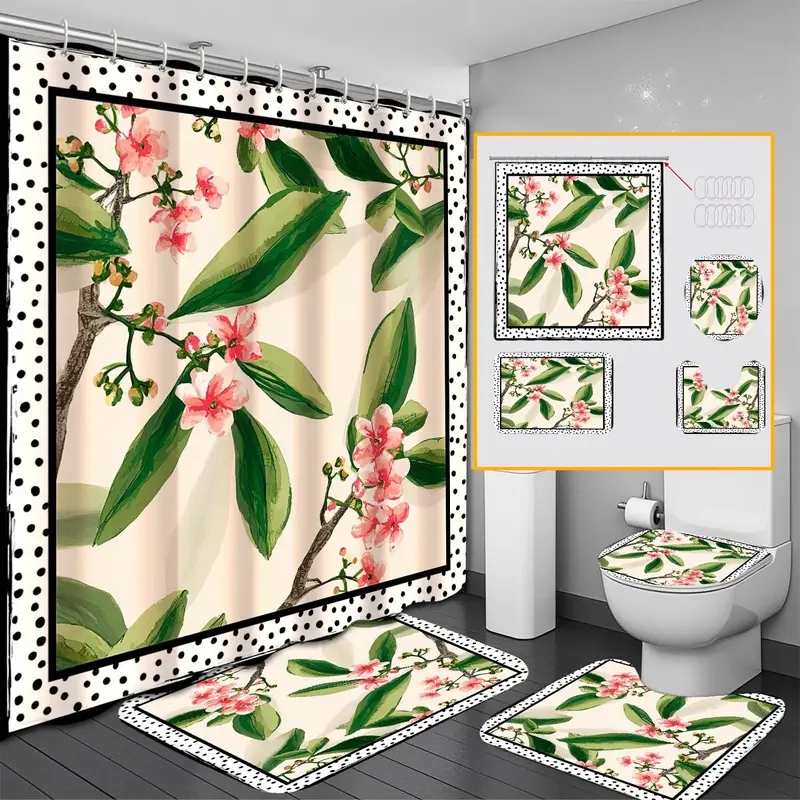 Floral Pattern Bathroom Curtain Set, 1 Set Waterproof Shower Curtain with Hooks/Oxford Floor Mat/U-shaped Mat/Toilet Lid Cover, Bathroom Decor Supplies 2