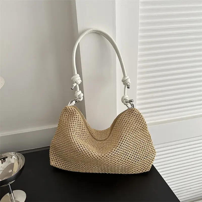 BAO115 Tas Tote Anyaman Retro Modis dengan Kapasitas Besar untuk Wanita Totebag