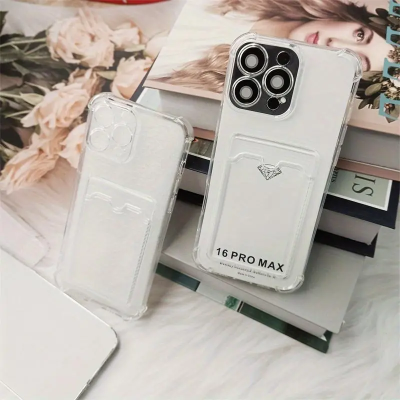 Minimalist Phone Case with Card Slot, Clear Anti-drop Phone Protective Cover, Phone Accessories Compatible with iPhone 16 15 14 13 12 18 7 Plus Pro Max Mini Series, Casing 1