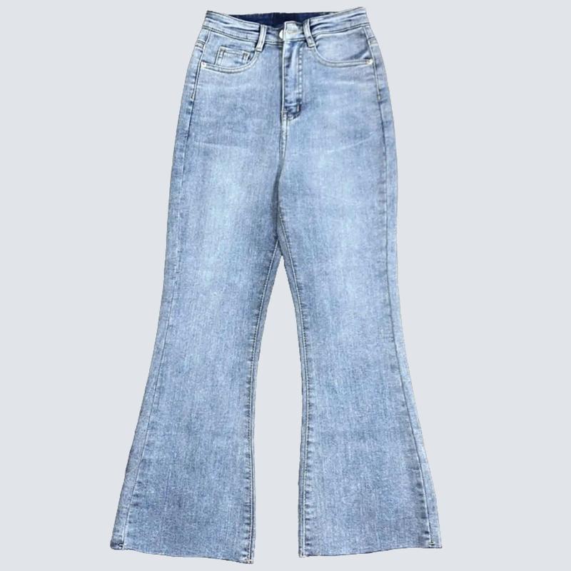 (LOE9TAC.00715) Quần Jean Nữ Dáng Loe 9 Tấc (92cm) Vải Xước Sợi Chéo, Cạp Cao, Chất Jean Co Giãn, Lai Cắt Women Pants Denim Có Túi