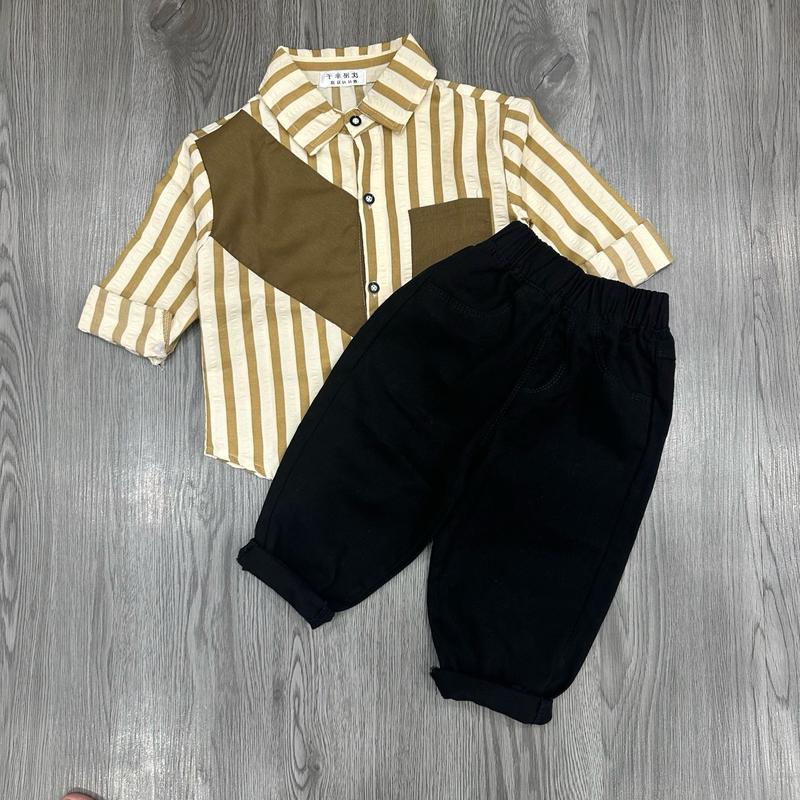 Sét áo sơ mi kẻ phối và quần kaki 2màu 8-25kg (vàng nâu + xanh Ngẫu nhiên màu )