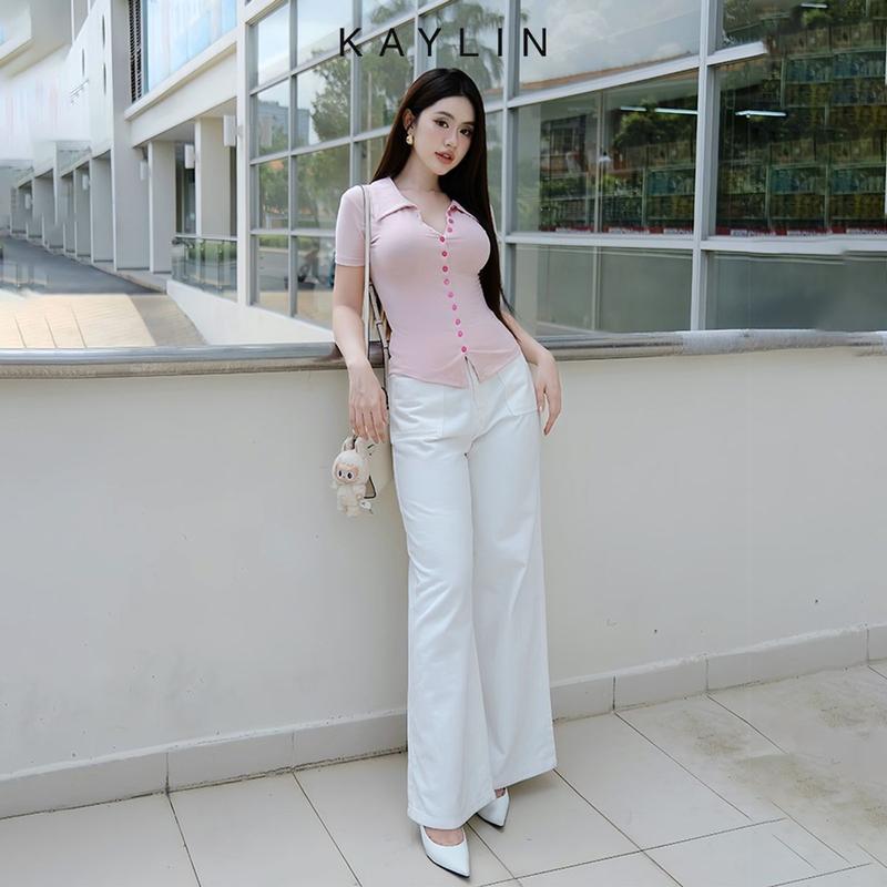 Áo thun KAYLIN cổ sơ mi phối nút chất vải thun cotton co giản phong cách thanh lịch - N2314 Nữ Women Top Cổ Tròn 3
