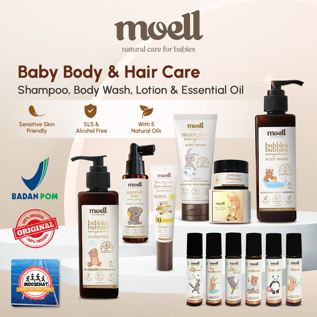 MOELL Physical Sunscreen Body Lotion Body Wash Hair Lotion Shampoo Multi Purpose Balm Essential Oil Anak & Bayi