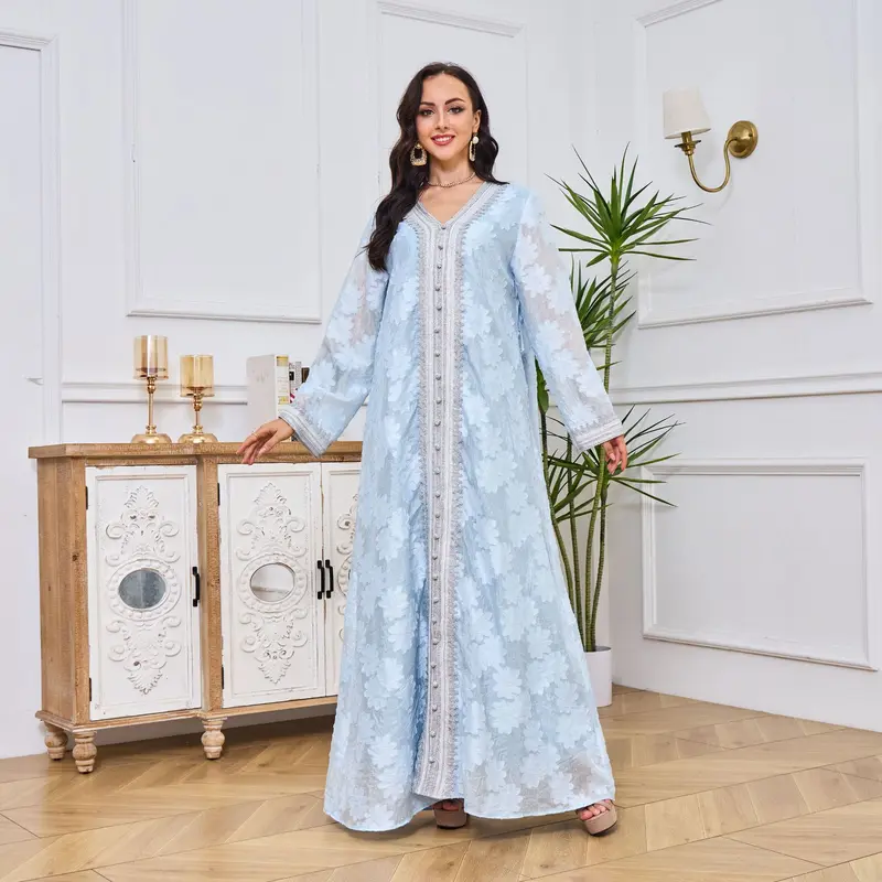 2025V Collar Temperament Dress Middle East Jacquard Rhinestone Silver Lace Robe Abaya 1