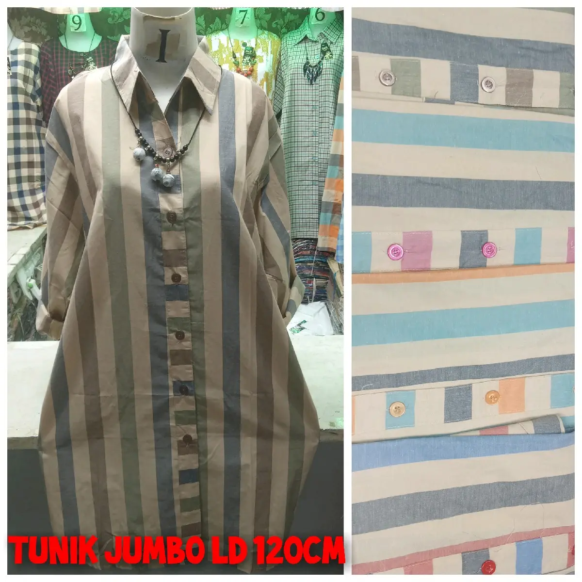 Tunik Jumbo Ld 120// Tunik Wanita motif Setrip Katun