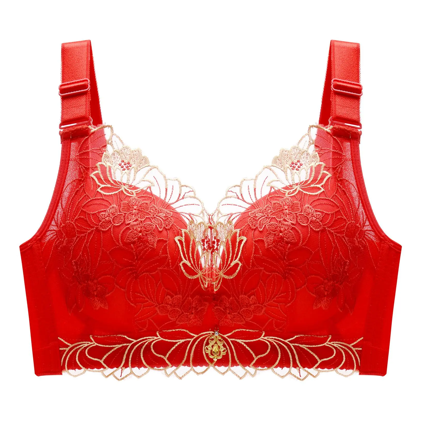 Red sexy lace plus size, big chest, revealing small underwear for women in their zodiac year, gathered together with adjustable accessory breasts and no steel ring bra Womenswear Comfort