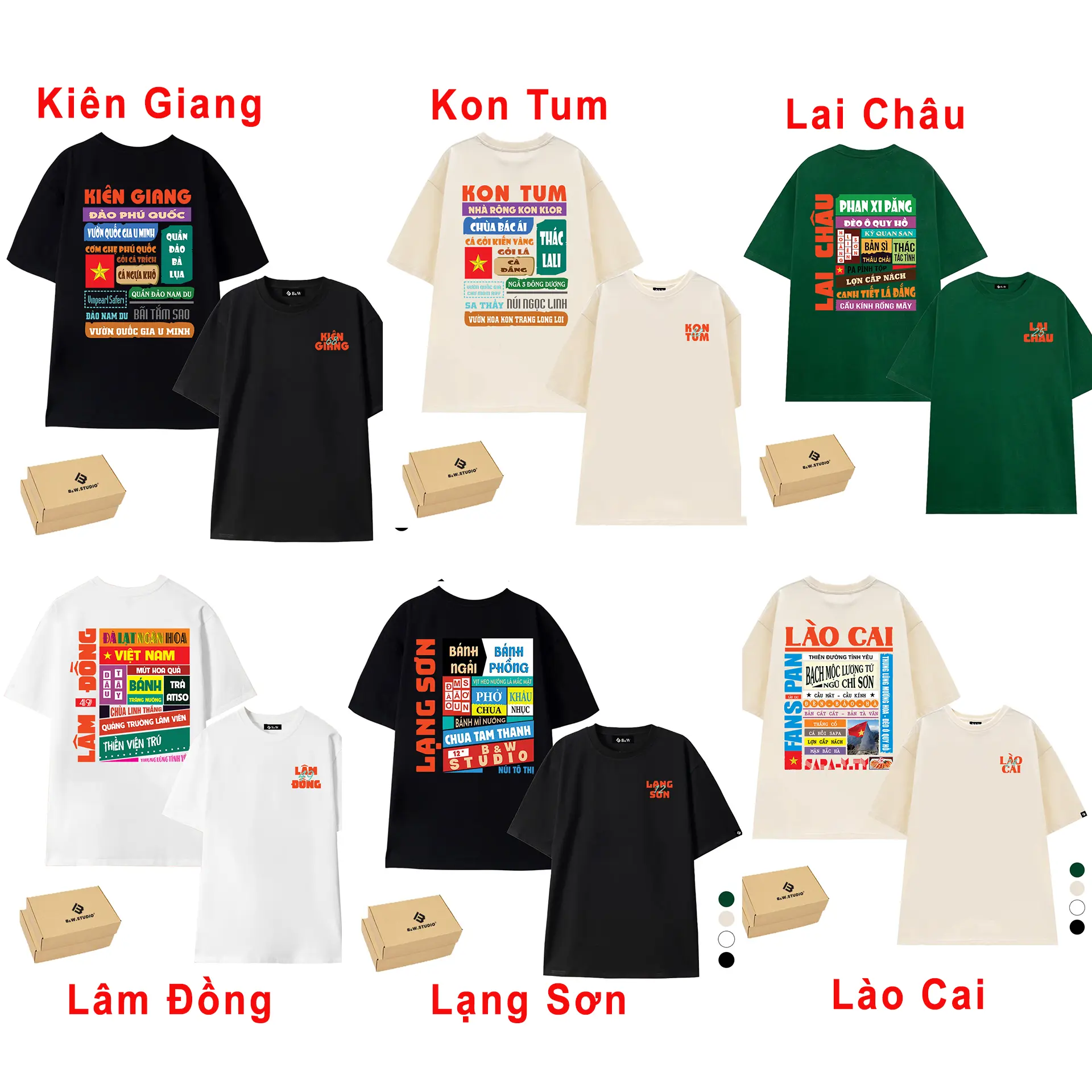 Áo 63 Tỉnh Thành Việt Nam: Kiên Giang, Kon Tum, Lai Châu, Lâm Đồng, Lạng Sơn, Lào Cai Áo Thun B&W Studio, Chất Liệu Cotton, Dày Dặn, Form Rộng Unisex M-2XL