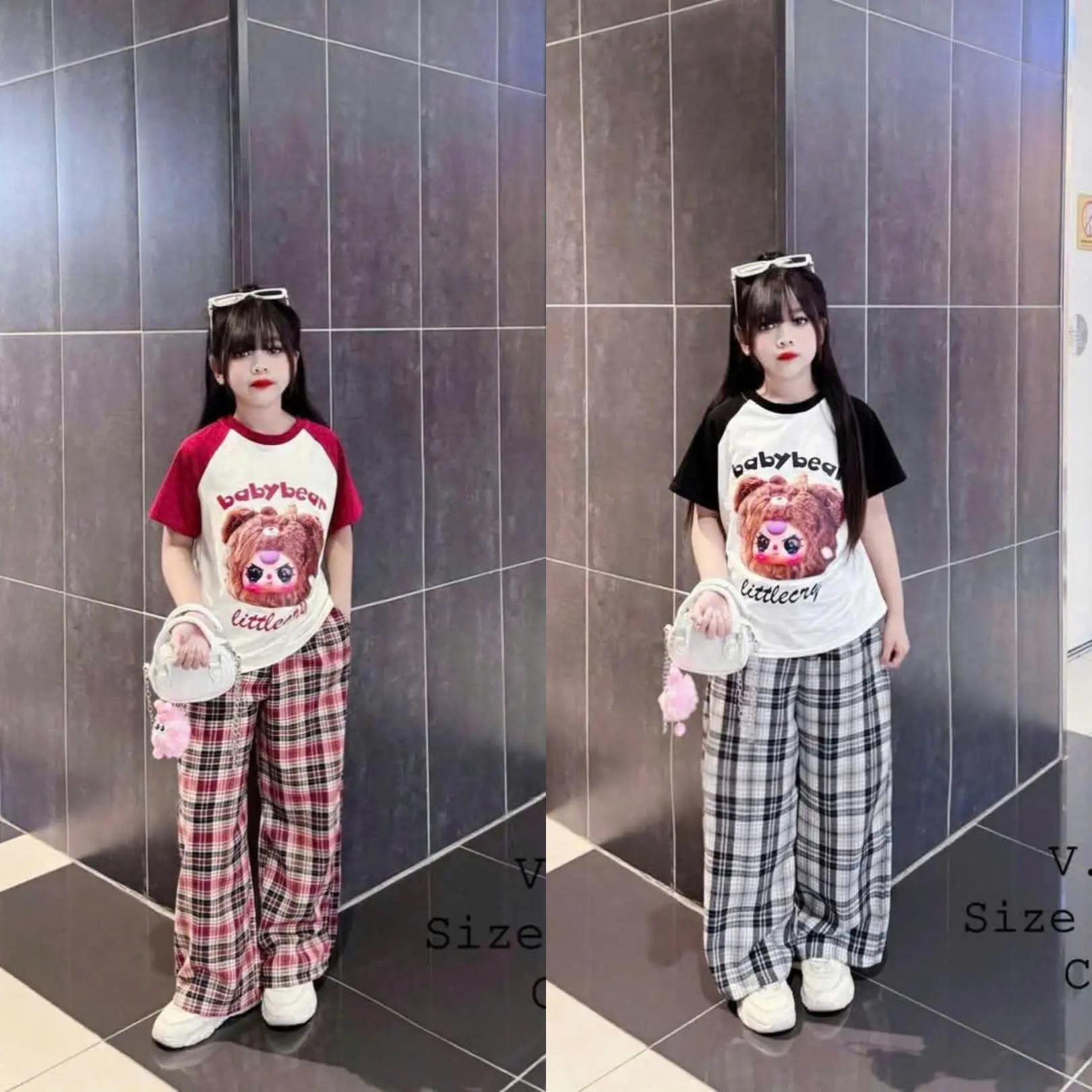 COMBO 2 Bộ Áo và Quần Dài, Áo in Hình BABY THREE, Quần Dài kẻ sọc 3 màu, Set thời trang size 9-55Kg dành cho bé gái (mẹ và bé đều mặc được)